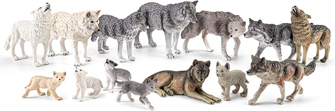 14PCS Wolf Toy Animal Figurines, Realistic Plastic Zoo Safari Animal Toys for Toddlers 3 4 5 6 7, Forest Wolf Animals Figures, Educational Toy Cake Toppers Birthday Gift for Kids Boys Girls