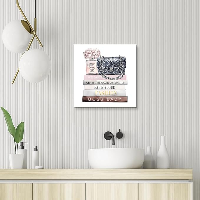 Dream Land Fashion Books Perfume Canvas Art: Trendy Book Stack Wall Painting Glam Pink Prints for Girls Bedroom