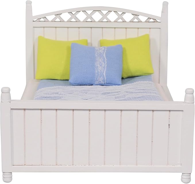 Dollhouse Furniture Queen Bed Set, mini Bedroom Accessories for 6 inch Dolls, Blue Bedding, White Wooden Frame, 1/12 Scale