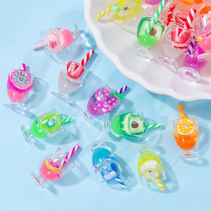 8 Pcs Miniature Dollhouse Drink Set – Resin Glass Cups & Fruit Beverage Bottles, 1:12 Scale Simulated Summer Drinks for DIY Crafts, Jewelry Making, Mini House Bar Décor & Collectible Accessories