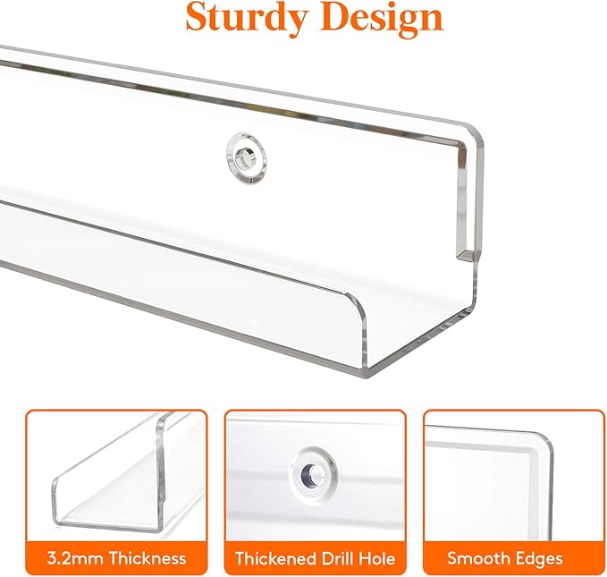 Lifewit Floating Shelves for Vinyl Record, 4 Pack 12" Clear Acrylic Wall Shelf Room Decor for Book/Photo/Picture/Makeup Display in Bedroom, Living Room, Bathroom Storage and Organization