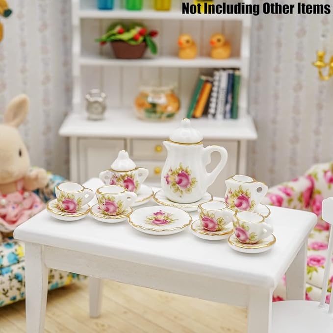 Odoria 1/12 Miniature Porcelain Tea Set 15Pcs Dollhouse Decoration Accessories, Pink Rose