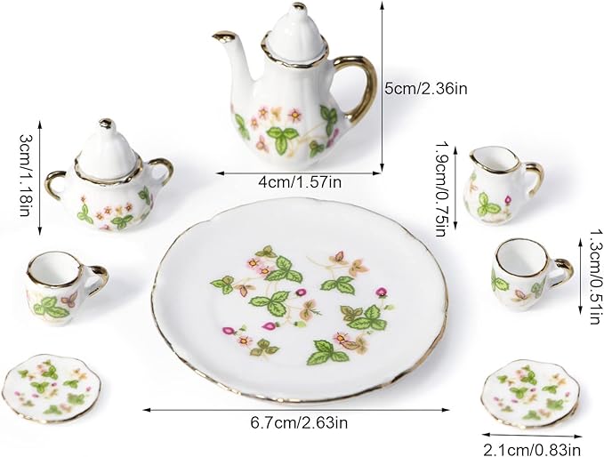 Dollhouse Tea Cup Sets 1:6 Scale Miniature Porcelain Dollhouse Accessories 8PCS Flower Pattern Teapot Platter Dish Sets Dollhouse Kitchen Supplies Decoration (Green)