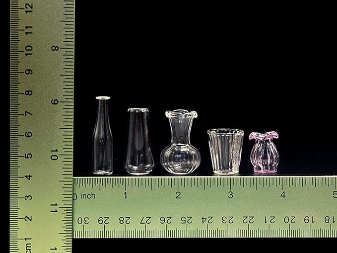 iLAND Miniature Dollhouse Accessories for Dollhouse Furniture, Glass Vases w/Dried Flowers Set (Pretty 5pcs)