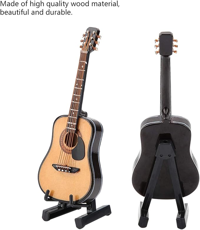 Miniature Guitar Model, Wooden Mini Guitar with Stand and Case, 3.95in Dollhouse Guitar, Musical Instrument Model Home Decor(10CM) (Pack of 2)