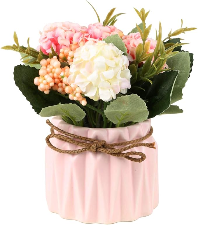 SUPNIU Artificial Hydrangea Bouquet with Small Ceramic Vase Fake Silk Variety Flower Balls Flowers Decoration for Table Home Party Office Wedding (Pink)