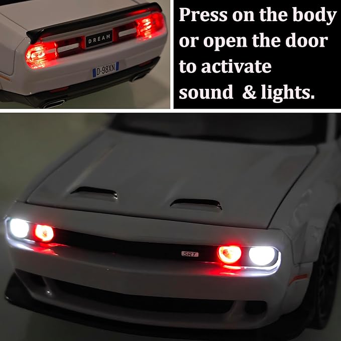 Toy Car Challenger Hellcat 1/32 Alloy Model Car with Light and Sound Collectible Model Cars Pull Back Toy Vehicles for Boys Children Age 3 + Year Old (Gray)
