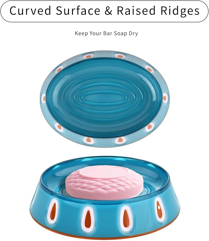 BQTBMU Soap Dish Set of 2, Cute & Modern Plastic Bar Soap Holder, 2-Pack Decorative Soap Tray with Internal Draining Ridges to Keep Soap Dry, for Bathroom Sink, Kitchen Sink (Ocean Blue/White/Orange)