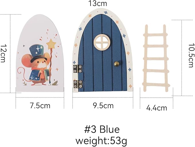 Christmas Mamimami Home Blue Wooden Magical Fairy Doors, 13cm 5.12 inch Elf Mouse Miniature Tiny Door with Ladder, Tooth Fairy Door Handmade Decorations Gifts