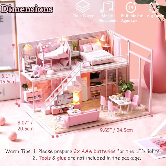 TuKIIE DIY Miniature Dollhouse Kit with Furniture, 1:24 Scale Creative Room Mini Wooden Christmas Doll House Accessories Plus Dust Proof & Music Movement for Kids Teens Adults(Meeting Your Sweet)