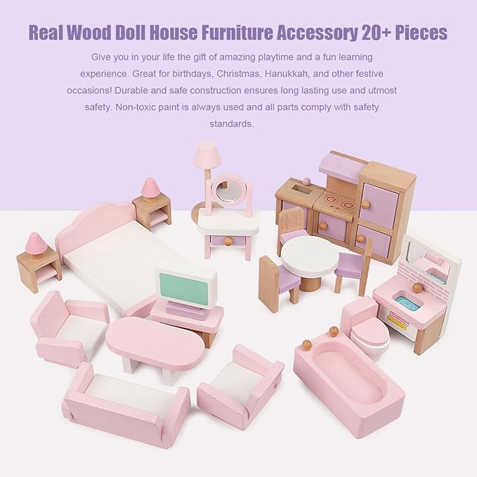 22 Pieces Wooden Mini Furniture Accessories 1:12 Scale Mini Wooden Furnishings for Mini Living Room,Kitchen,Dining Room,Bedroom,Bathroom