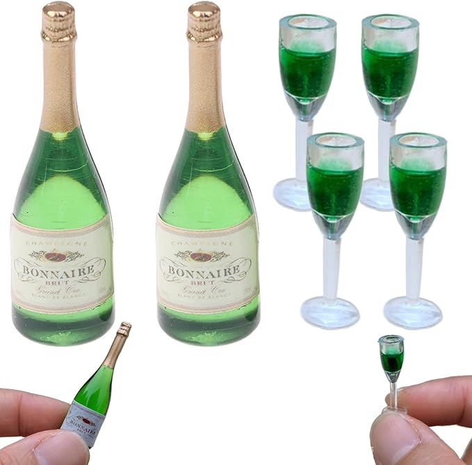 6Pcs/Set Mini Wine Glasses & Mini Wine Bottles PVC Realistic DIY Dollhouse Miniatures for Dollhouse Kitchen Scene Decorations