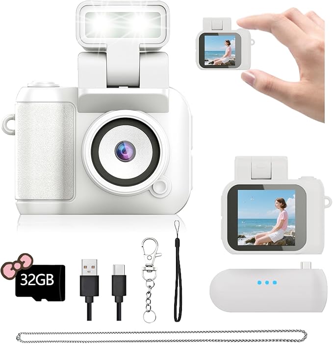 Mini Camera Keychain Mini Retro Camera Cameras Keychain Built-in 32GB Memory Card Best Choice for Travel Vlog Photography Gifts for Girl(White)