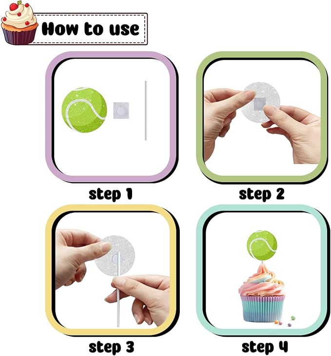 18 PCS Tennis Cupcake Toppers for Birthday Baby Shower Sport Tennis Ball Racket Player Cake Decor Picks Green GlitterTennis Party Decorations Supplies