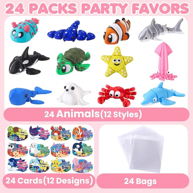 24pcs Valentines Day Gifts 3D Printed Ocean Animals Figurines with Valentine's Cards for Kids Boys Girls Valentine Day Party Favors Toys Classroom School Prize Rewards Gifts Exchange