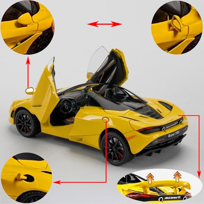 McLaren 720s Toy Cars Roadster Model 1/24 Yellow Alloy Collectibles Die-cast Vehicles with Sound and Light