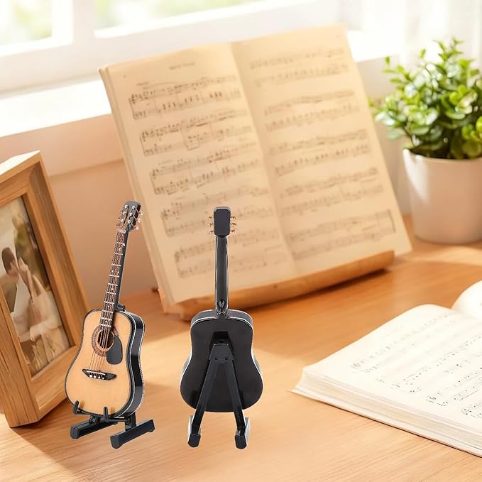 Miniature Guitar, 3.9x1.5x0.5in Guitar Model, Wooden Tiny Guitars Decorative Model with Guitars Shelf and Storage Box for Home, Office Decoration Display Ornament