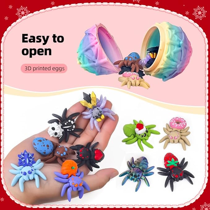 3D Printed Dragon Egg with 10 Unique Spiders, 3D Printed Animals Toys,Stocking Stuffers,Surprise Spider Fidget Toy Set for Party Favors (Rainbow)
