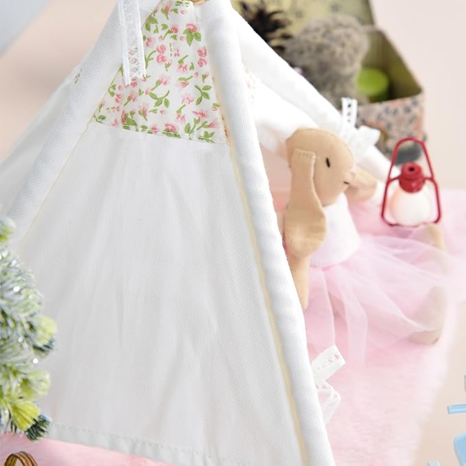 1:12 Dollhouse Camping Bed Tent, 1 Set Fairy Style Mini Pink Lace Tent with Carpet, Miniature Outdoor Furniture Accessories for Bedroom,Patio and Garden(White)