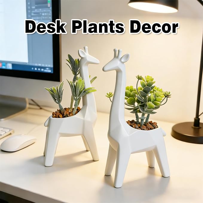 Ordbuum 2PCS White Mini Succulents Plants Artificial with Giraffe Shaped Pots,Small Indoor Fakeplants for Shelves and Bathroom, Cute Desk Plants for Office