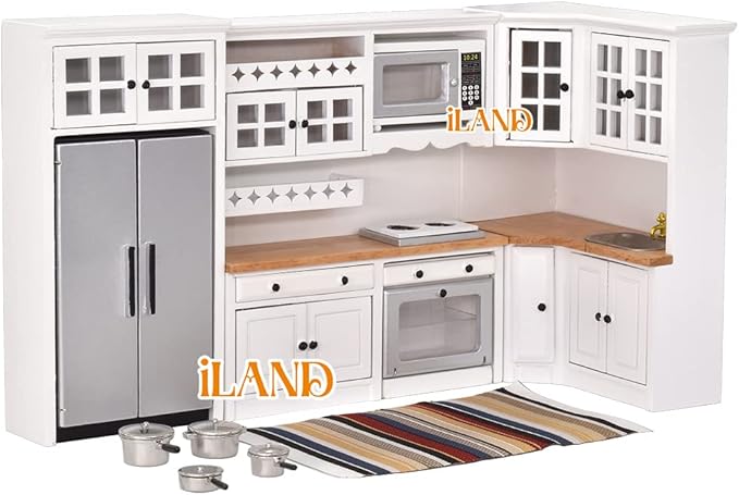 iLAND Dollhouse Kitchen, Modern Dollhouse Furniture Set on 1/12 Scale Wooden White to Store Miniature Food