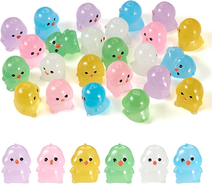 Beadthoven 24pcs Luminous Mini Resin Glow in The Dark Chick Animals Dollhouse Figurines Assorted Colorful Cute Cabochons Small Glowing Figure DIY Charms Garden Craft Landscape Ornaments
