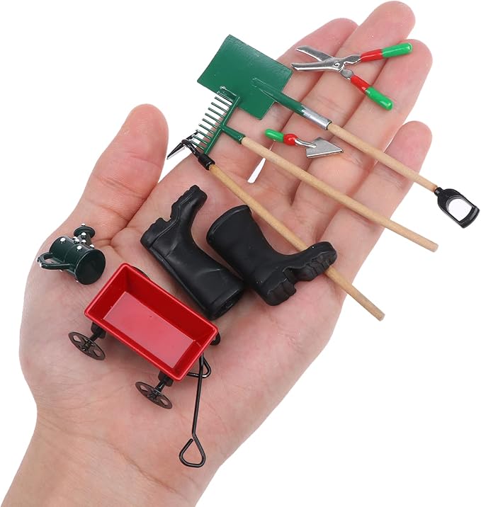 Haomian Miniature Fairy Garden Accessories Set 9 Pcs 1:12 Mini Metal Spade Pestle Kettle Wagon Rake Garden Watering Supplies Micro Landscape Ornaments Dollhouse Accessories