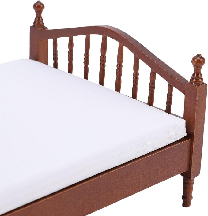 Keenso Dollhouse Miniature Bed, Vintage Wooden Dollhouse Bed Furniture, 1:12 Scale Accessory for Bedroom Display
