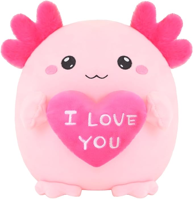 Axolotl Stuffed Animal, Loving Axolotl Plush Toys with Holding Heart I Love You for Valentine's Day, Sweet Romantic Anniversary Birthday Gift for Girlfriend/Boyfriend(Pink,10 inch)