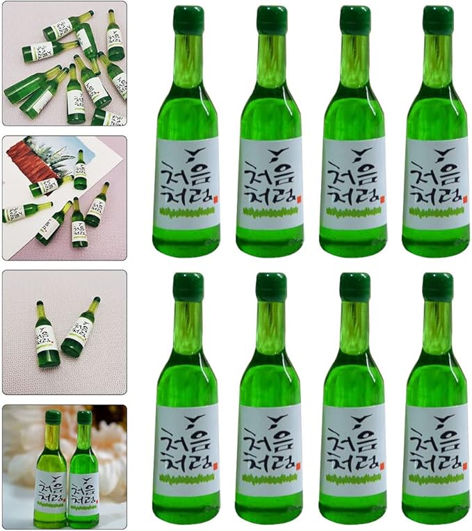 LUOZZY 12 Pcs Korean Soju Miniature Dollhouse Accessories - Mini Resin Wine and Beer Bottles - Fake Drink Models for Dollhouses