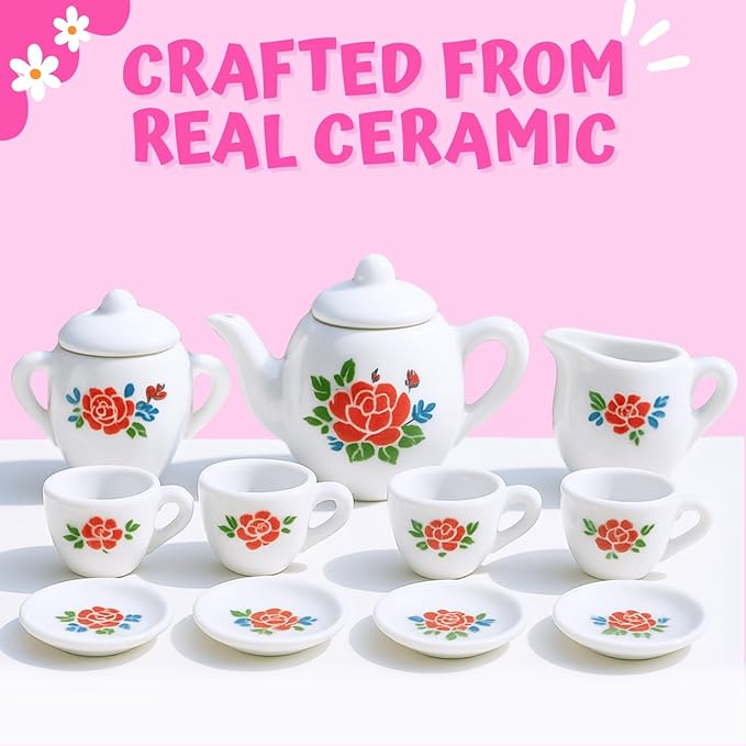 17 Pieces Floral Miniature Porcelain Ceramic Tea Set - Pretend Play Kids Toy Mini Kitchen Playset, Fun Doll Dramatic Play for Little Girls, Kids