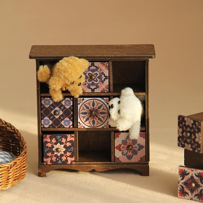 Miniature Dollhouse Cabinet 1:12 Scale Hand-Painted Wooden Vintage Farmhouse Chest of Drawers with Bohemian Persian Florals Christmas/Birthday Gift (Dark Brown)
