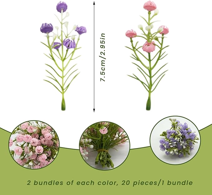 2 Pcs Mini Gypsophila Flowers, Fake Wild Flowers, Miniature Grass Flower Tufts, Miniature Plants for Fairy Garden Mini House Micro Landscape Decoration (Pink, Purple)