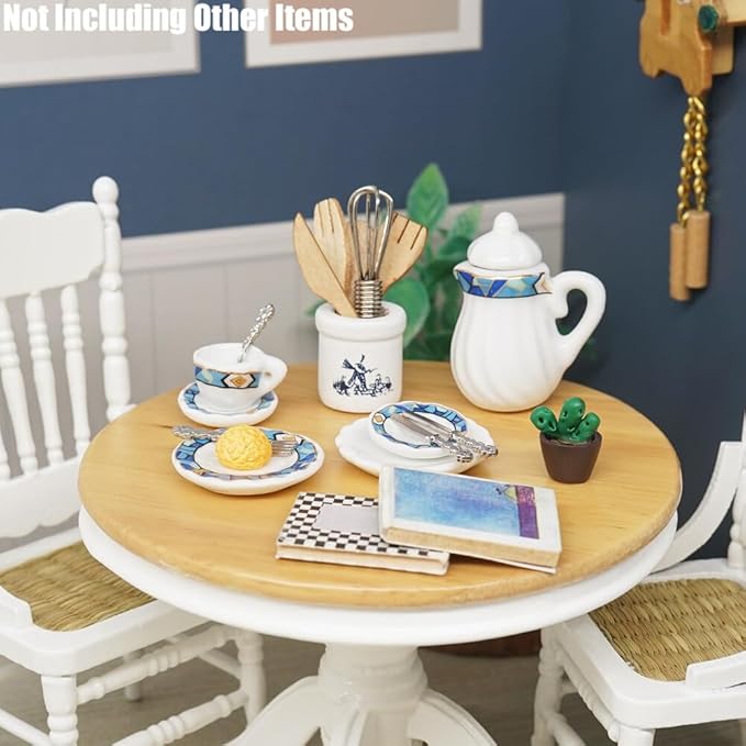 Odoria 1/12 Miniature Porcelain Tea Set Plates and Silverware Kitchen Utensils Dollhouse Accessories, Mediterranean Blue