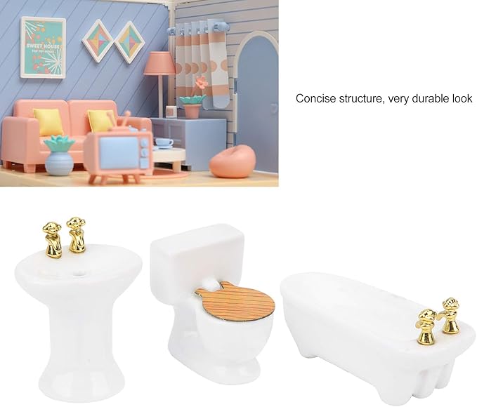 1/24 Scale Simulation Ceramic Dollhouse Miniature Bathroom Set 3 Colors Bathtub Toilet Sink (Pure White)