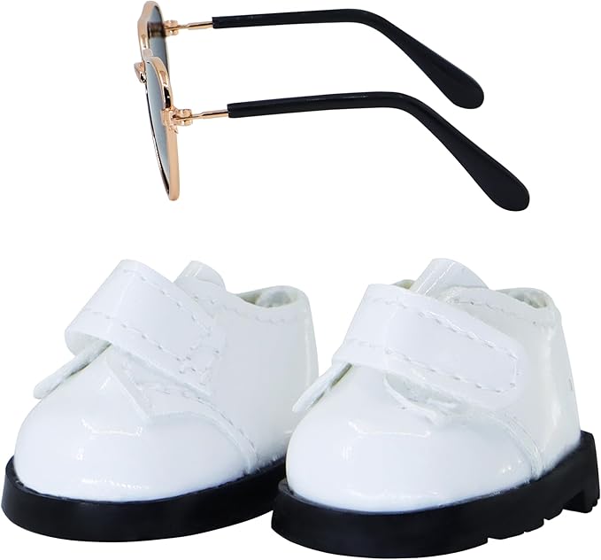 Suitable for 17cm Doll Trendy Small Leather Shoes Paired with Heart Shaped Sunglasses Cute Outfit Two-Piece Set (Brilliant White)