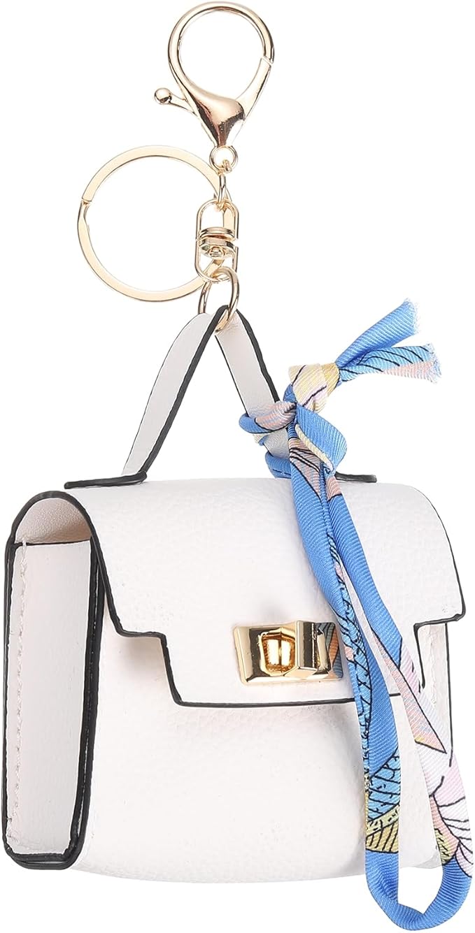 PATIKIL Mini Backpack Keychain, Cute Coin Purse Keychain PU Leather Backpack Purse Key Chain Little Earbud Bag Keychains for Women Mini Card Data Cable Organizer, White