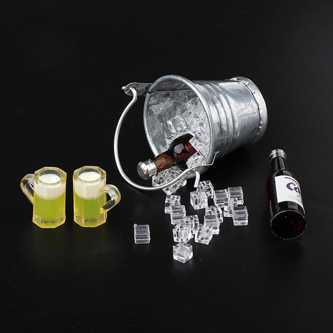 1 12 Doll House Accessories Miniature Ice Bucket with 2 Bottles and - for Dollhouse Kitchen Pub Bar Decor Scenes Making