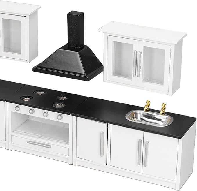 JTLB 7pcs 1:12 Mini Dollhouse Kitchen Cabinet Simulation Life Scene Dollhouse Modern Kitchen Set