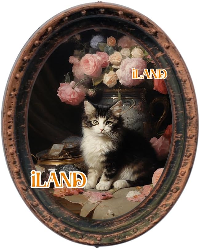 iLAND Miniature Dollhouse Accessories, 4 Dollhouse Picture Frames Set w/Printed Paintings (4 Dark Brass Oval Frames w/ 4 Pictures)