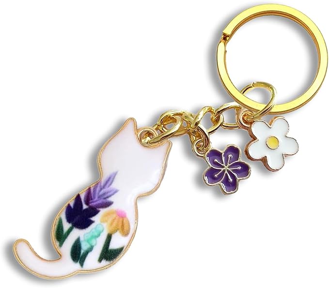 Agromusk Cute Cat Keychain, Enamel Flower Keyring Japanese Decor for Garden Cat Lovers, Kawaii Bag Charm With Sakura Flowers