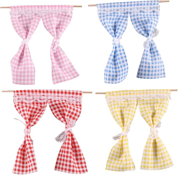TOYANDONA 4Pcs Miniature Curtains for Dollhouses Drapes for DIY Decor Kitchen Bathroom and Bedroom Realistic Patterns Easy to Install Dollhouse Accessories