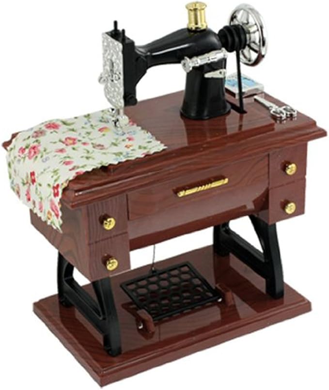 Artyea Vintage Mini Sewing Machine Style Plastic Music Box Table Desk Decoration Toy Gift for Kid Children, brown