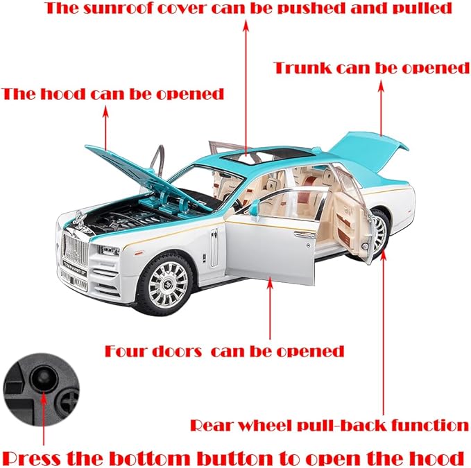 Toy Car Rolls-Royce 1/24 Blue Phantom Alloy Collectibles Diecast Vehicles Model with Sound and Light