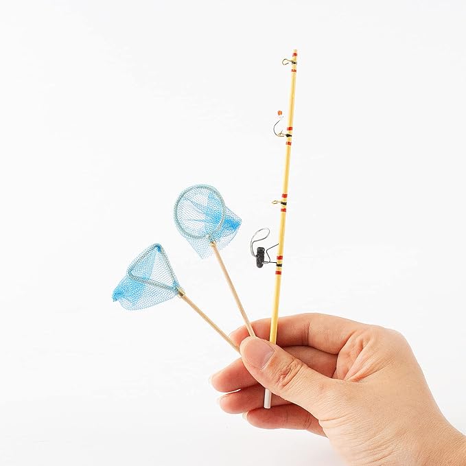 5 Pieces Miniature Fishing Rod Life Scene Christmas Elf Fishing Accessories Fishing Cake Decoration Fish Cake Topper Fish Bowl Gone Fishing Net Miniature Fishing Accessories