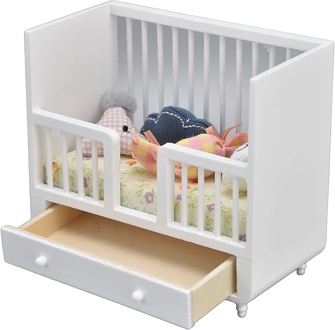 1/12 Miniature Wooden Crib & Cradle Bed - Baby Doll Nursery Furniture Accessories - DIY Miniature Dollhouse Bed