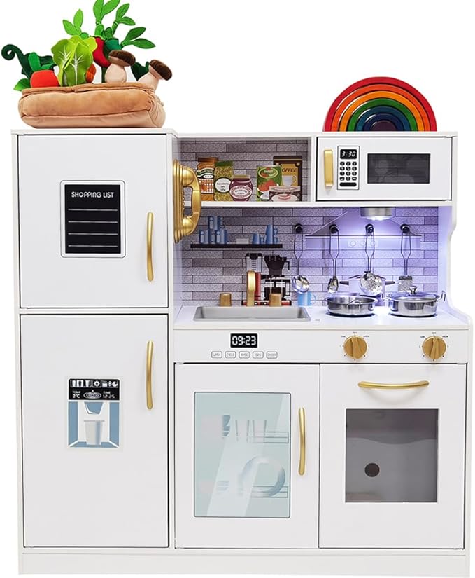 Kids Children Pretend Toy for Babies, Kitchen Playset & Play Kitchen Toy Set with Light, Sink with Faucet, Oven, Microwave, Kitchenware Set Accessories for Ages 3-8 Girls Boys
