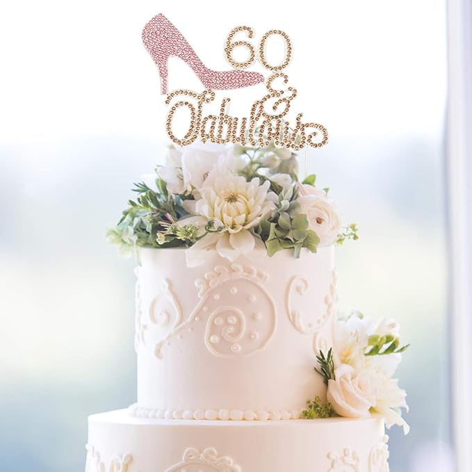 LINGTEER 60 Fabulous Pink High Heel Rhinestone Crystal Cake Topper Perfect for 60th Birthday Anniversary Party Keepsake Sparkle Decoration