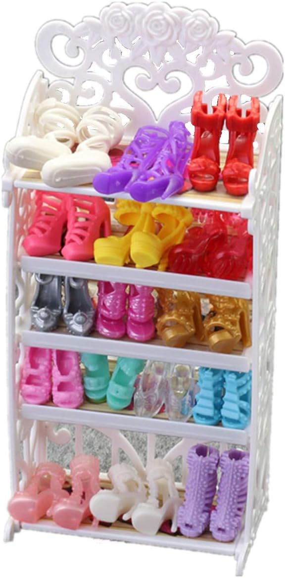 1 Doll Shoes Rack + 20 Pairs Doll Shoes Different Assorted Colors High Heel Shoes Doll Boots Flat Shoes Set Replacement for 11.5 inch Doll (Doll Rack & Shoes)