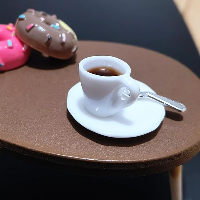 1:12 Scale Miniature Coffee Cup with Spoon and Plate – 1 Set Dollhouse Scene Accessory for DIY Summer Table Setting, Desktop Display, Realistic Resin Mug Prop for Relaxation-Themed Mini Décor